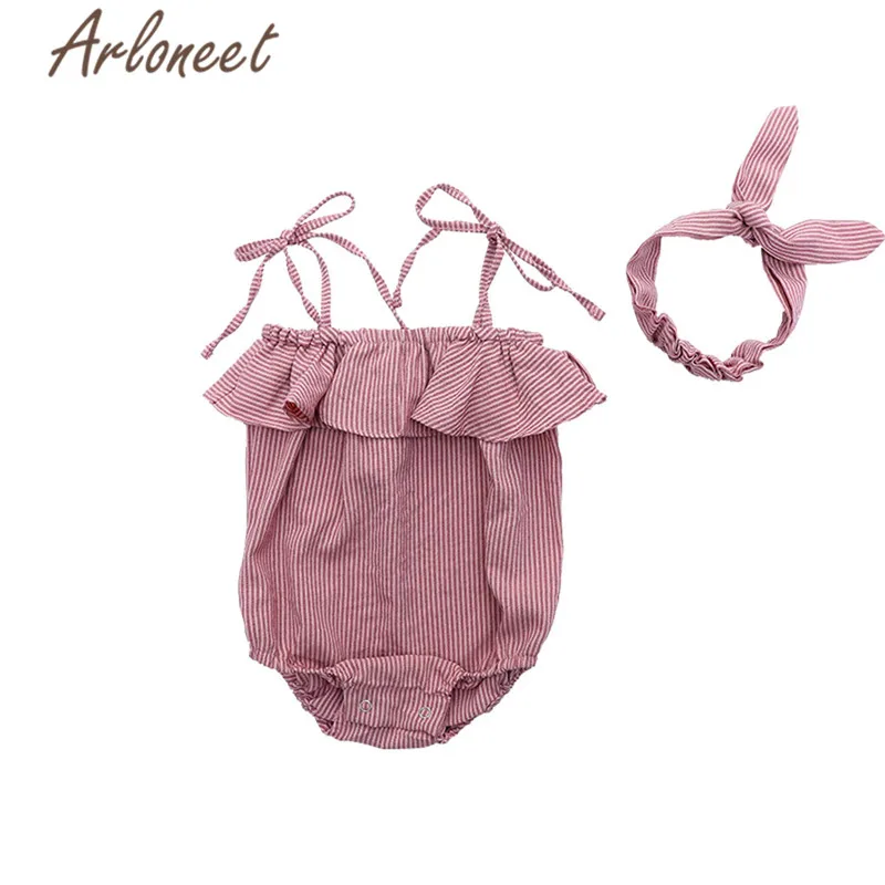 ARLONEET модная одежда для маленьких девочек Боди-костюм без рукавов Bownot комбинезоны повязка на голову костюм Дети летние наряды
