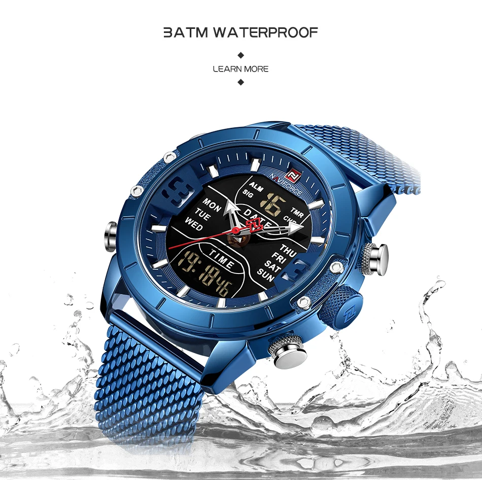Мужские часы Топ люксовый брендовый мужской военный Спорт кварцевые наручные часы синий из нержавеющей стали светодиодный цифровые часы