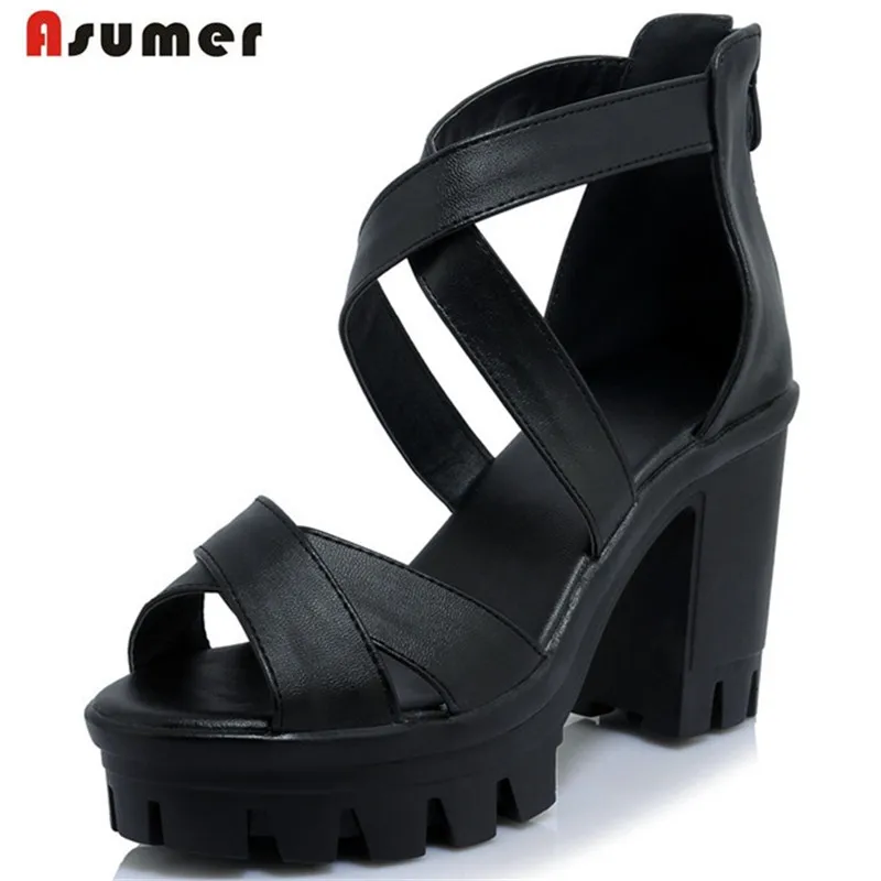

Asumer 2018 New arrive women shoes sandals spuer square heels shoes fashion in summer party shoes PU soft leather zip