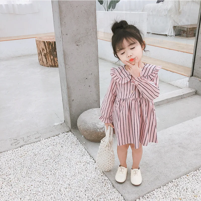 

Autumn New Korean Style Sweet Baby Girls Striped Cute Dress Girl Ruffled Collar Child Princess Dress Cotton Long Sleeve Dress