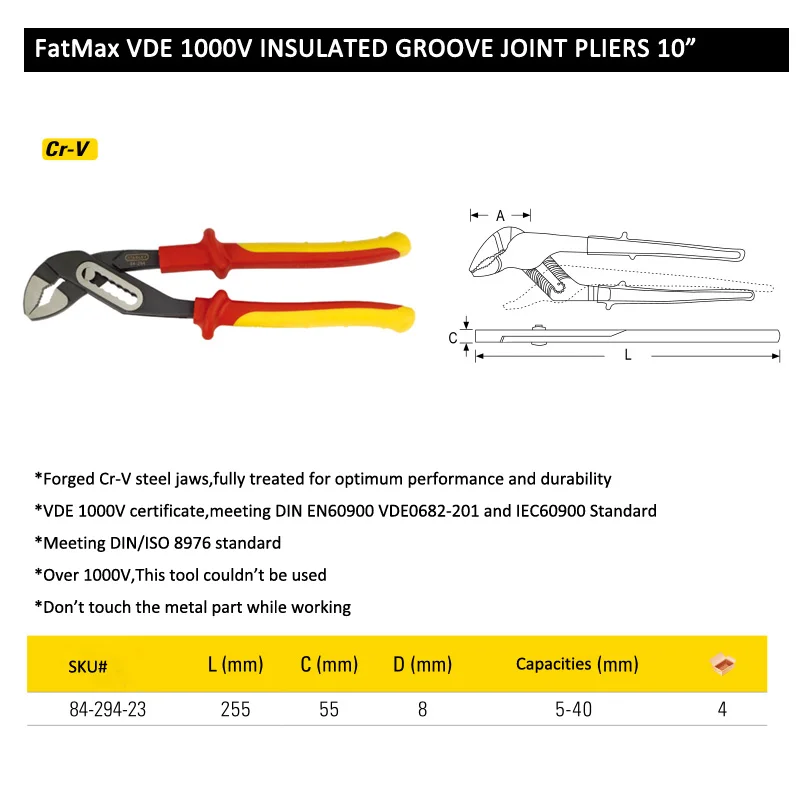 Стэнли 1 шт. 1" VDE 1000 V Изолированная ручка плоскогубцы 10 дюймов плоскогубцы насосные трубные гаечные ключи FatMax