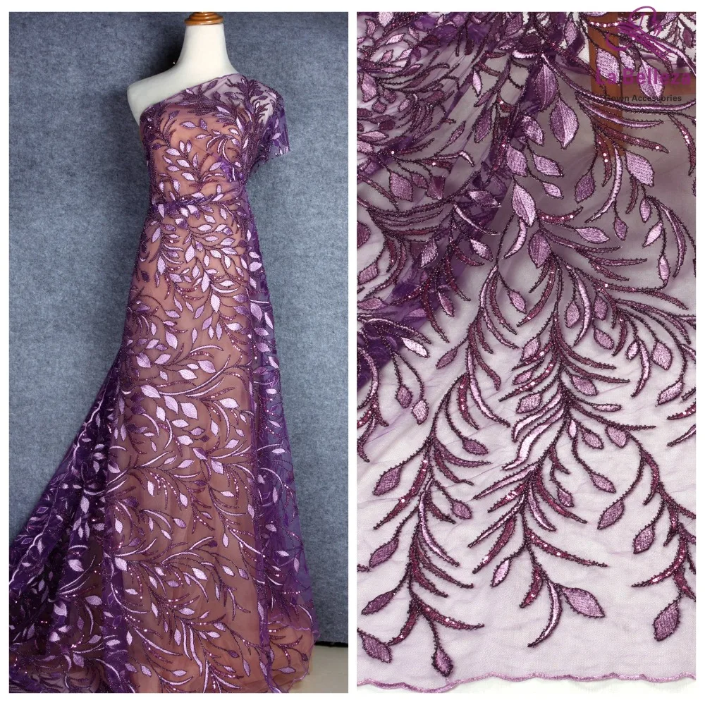 

La Belleza 2019 new fashion design lace fabric purple , peach, off white , green beaded lace fabric 51'' width 1 yard