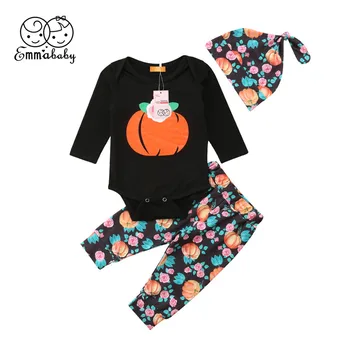 

Newborn Baby Girl Clothes Infant Halloween Pajamas Children's Winter Rompers Overalls Outfits+Pants Hat 3PCS Outfits Flower