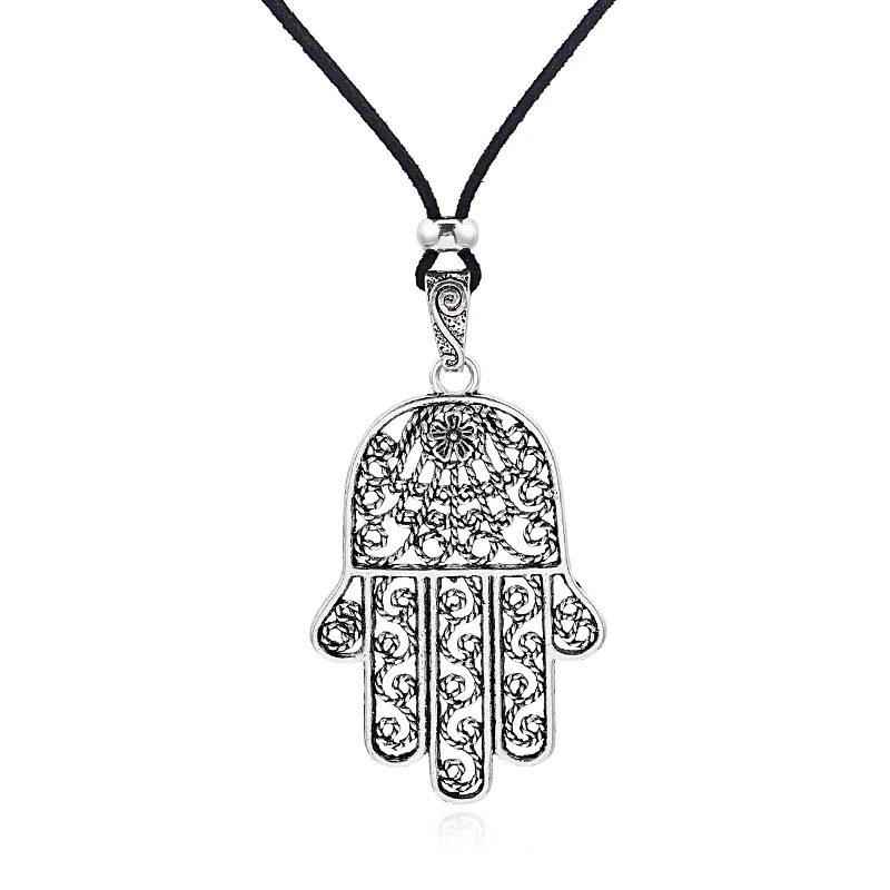 1pcs Large Largenlook Hamsa Hand Filigree Flower Pendant Long Faux Suede Leather Rope Chain