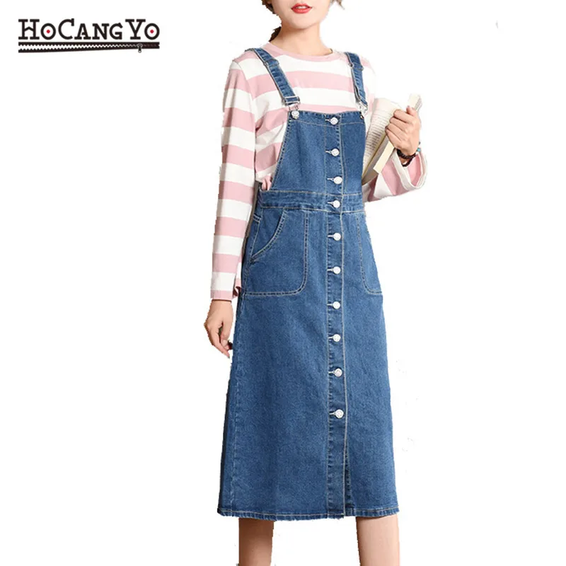 HCYO Plus Size 5XL Women Denim Dress Spring Autumn Spaghetti Strap Dresses Women Loose Casual Long Denim Sundress Overalls Dress