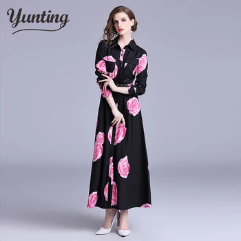 

Vintage Autumn Women Party Dress Runway Retro Print Flower Character Long Sleeve Ladies Turn Down Collar Dress Vestidos