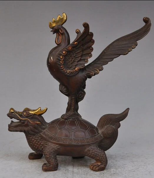 

003307 12" Chinese Bronze Folk FengShui Wealth Peacock Phoenix On Dragon Turtle Statue