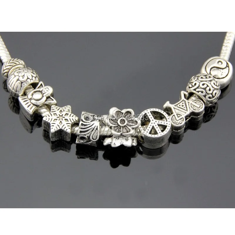 

Wholesale 50 pcs/Lot Vintage Silver Mix Big Hole Charm Beads Fit European Snake Chain Bracelet Jewelry DIY Choose Style ZYYB