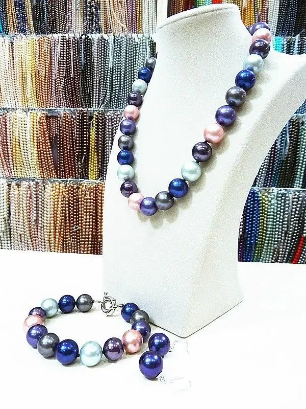 

07639 Blue Pink Multi-color South Sea Shell Pearl Necklace Bracelet Earrings Set