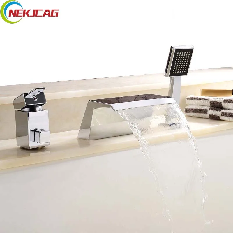 

Deck Mounted Single Handle Waterfall Bathroom Bathtub Faucet with Hand Shower Chrome Finished Hot and Cold Water