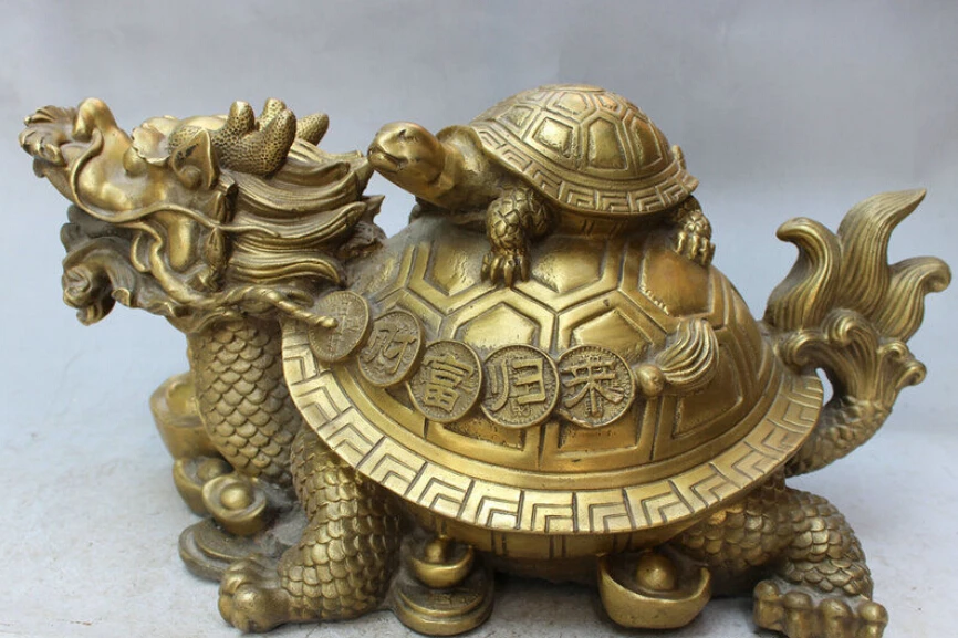 

16" Chinese Brass Folk Lucky Wealth Longevity Dragon Tortoise Turtle Statue