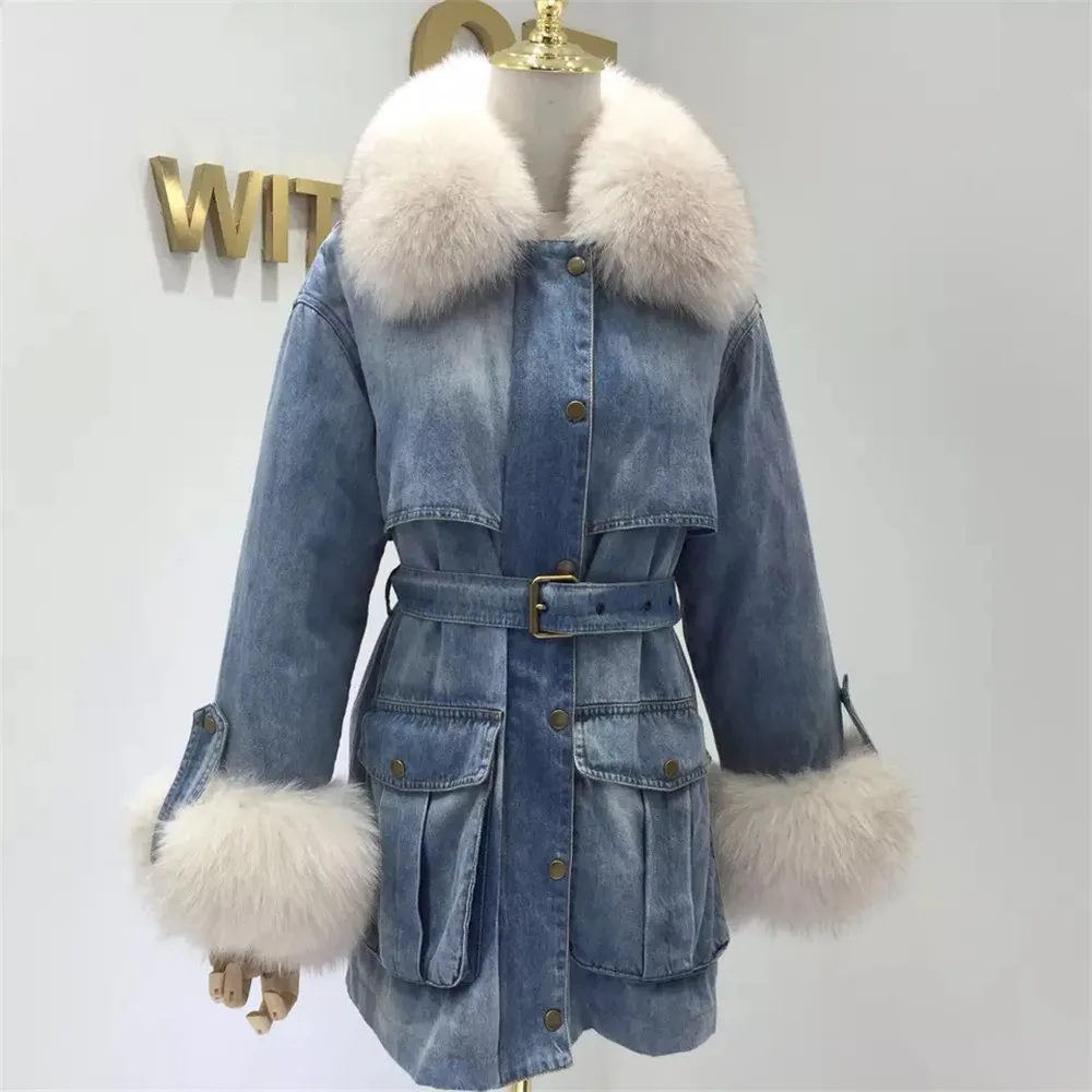 

Real Fox Fur Collar Down Jacket 2018 New Winter Denim Jacket Women Female Outwear Warm Down Parka Jean White Duck Down Coat