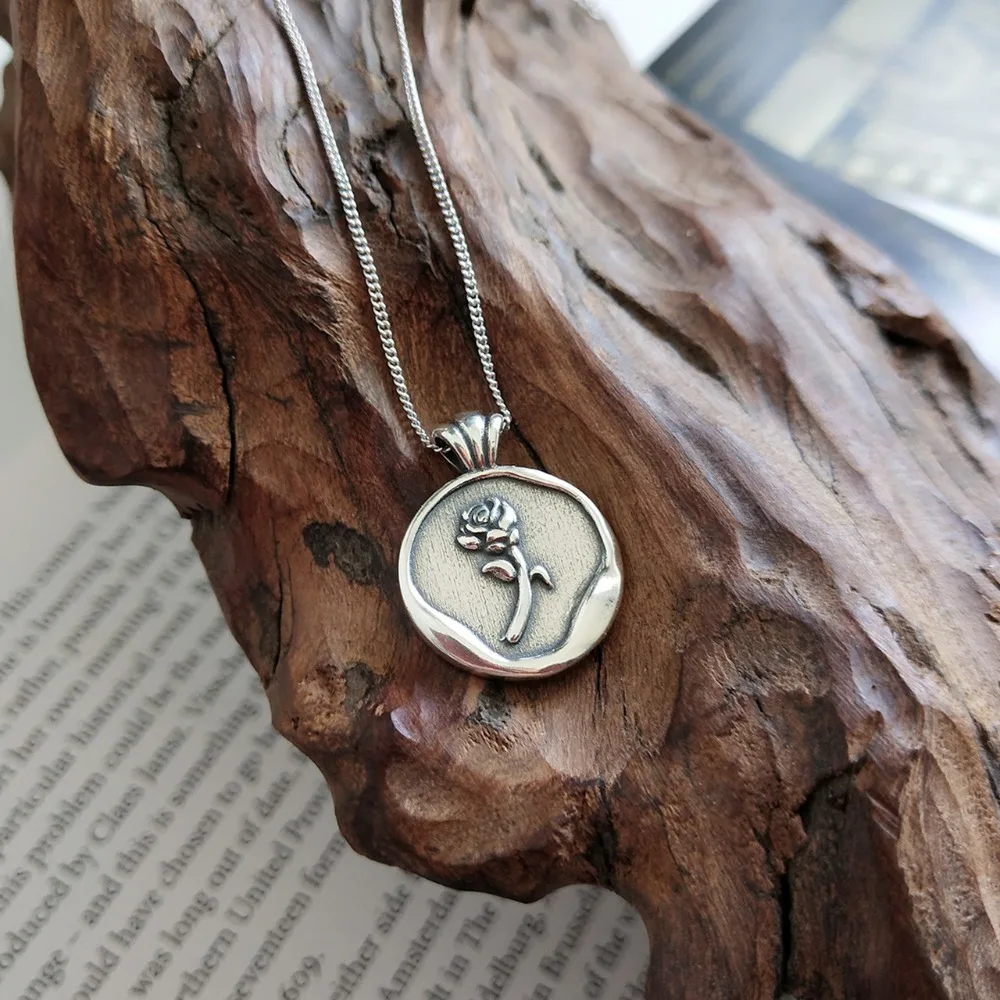 

1pc Retro Authentic 925 Sterling silver Vintage Rose Round Pendant necklace FINE jewelry X117