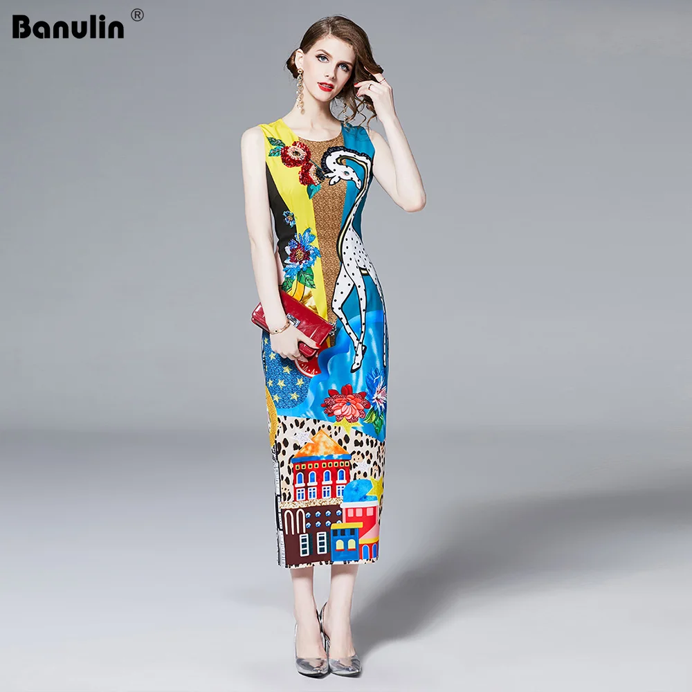 

Banulin 2019 Runway Designer Summer Dress Women Sleeveless Luxury Sequin Animal Print Beading Applique Elegant Dress Vestidos