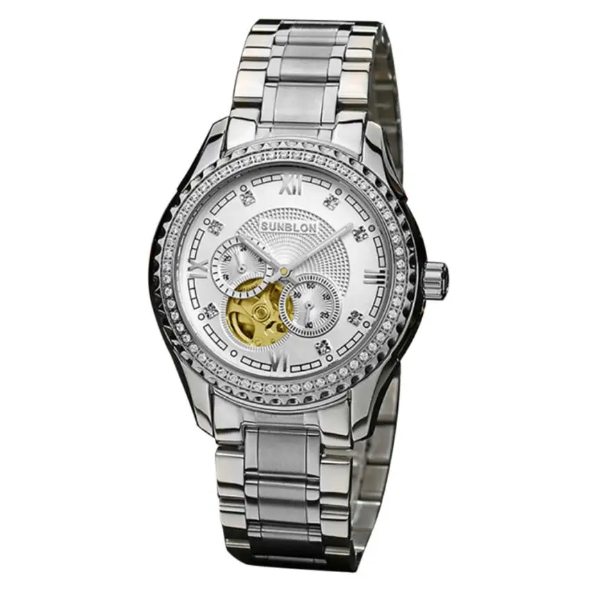 

SUNBLON S505B Stainless Steel Mechanical Skeleton Watch Golden Movement#810