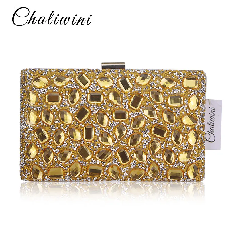 Golden Crystal Women Evening Bag Clutches Diamond Bridal Wedding Box Clutch Ladies Metal Hardcase Party Shoulder Handbags Purses