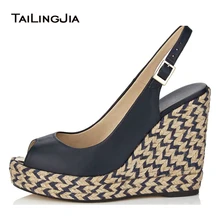 Ladies Shoes Wedges 2017 Peep Toe Hemp Rope woman Wedge Platform Sandals Navy Leatherette Comfort Slingbacks
