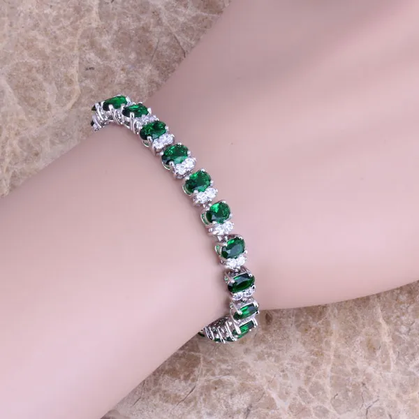 

Wonderful Green Cubic Zirconia White CZ 925 Sterling Silver Link Chain Bracelet 7 inch S0359