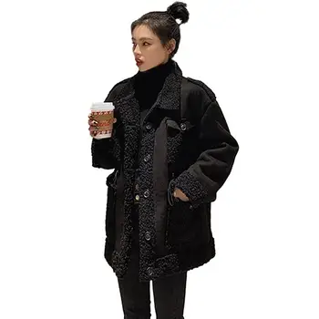 

Women 2019 Spring Autumn Artificial Lambswool Coat Female Lapel Loose Casual Overcoats Ladies Solid Chic Plush Wool Outwear V958