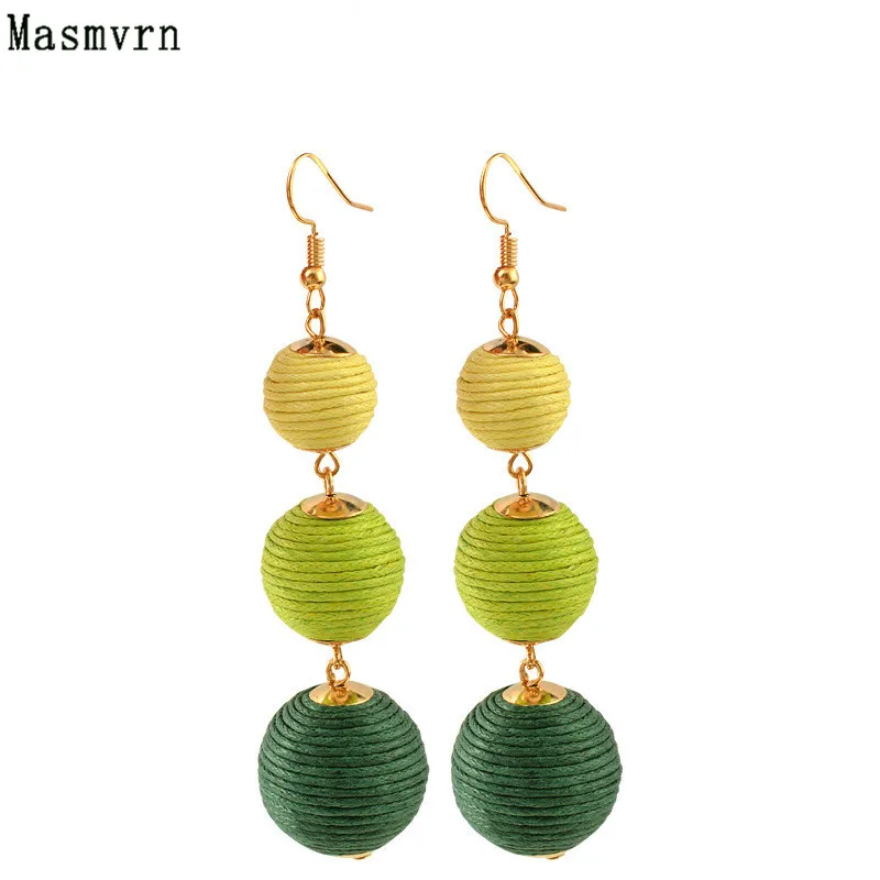 Thread Ball Dangle Earrings Triple Dangle Earrings Drop Earrings Beaded