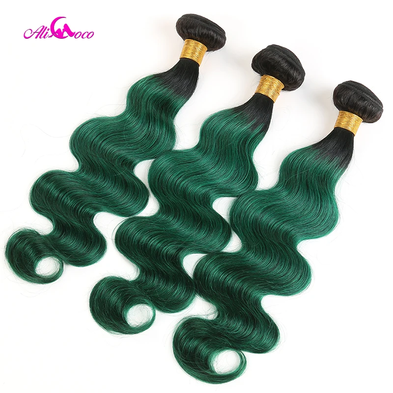 Али Коко бразильские волнистые волосы 3 пучка с закрытием 1B/зеленый 10-30 дюймов Remy человеческие волосы пучки с 4x4 кружева закрытие