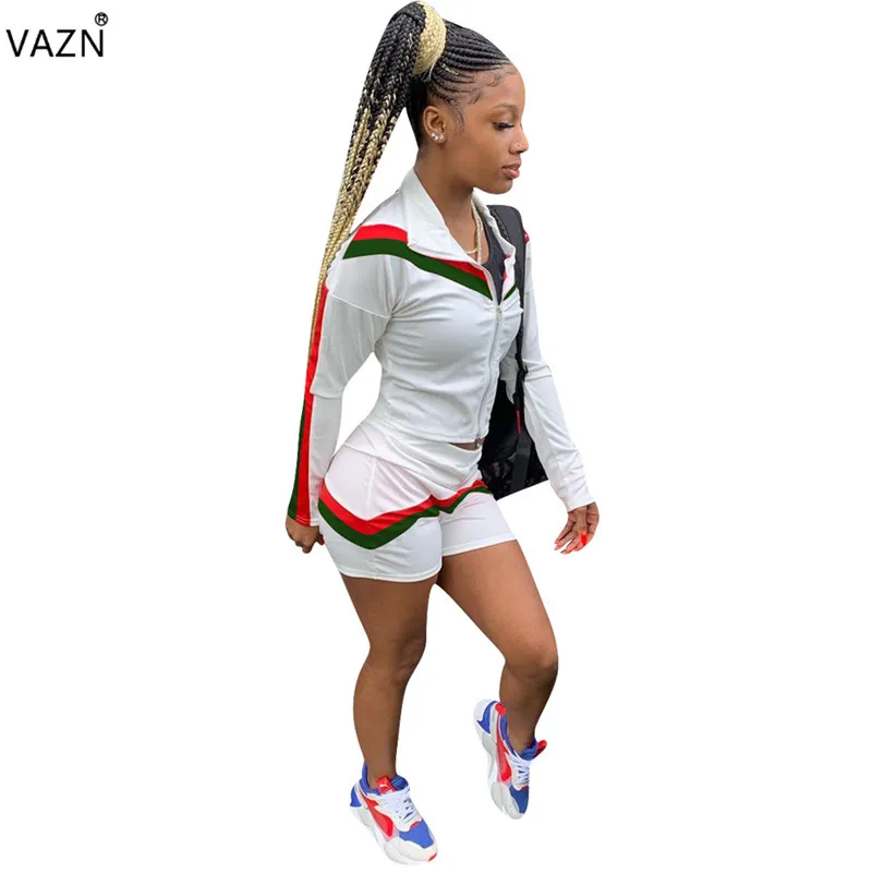 

VAZN 2019 Hot Student Casual Fashion Women 2 piece Set Solid Zipper Full Sleeve Polo Collar Top Grop Streetwears Outfits HGL1170