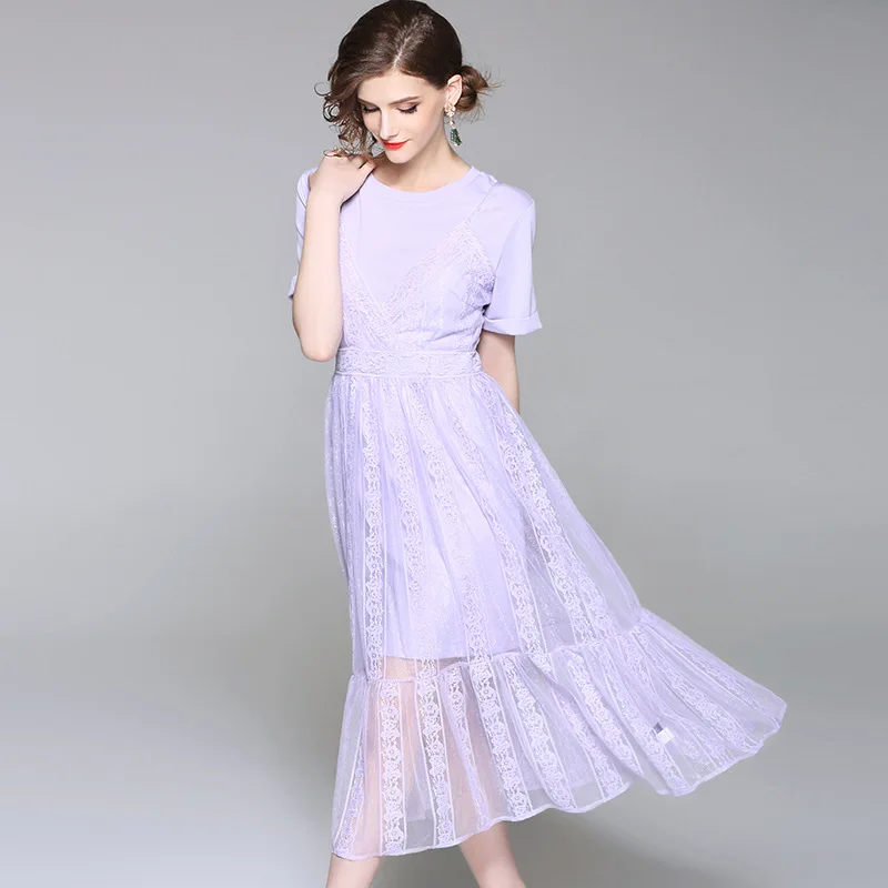 Summer Dress Light purple Women Two Pieces Set Lace Dress Eleganr