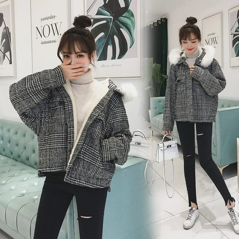 Женское Короткое шерстяное пальто abrigos mujer invierno утолщенное в клетку с поясом зима