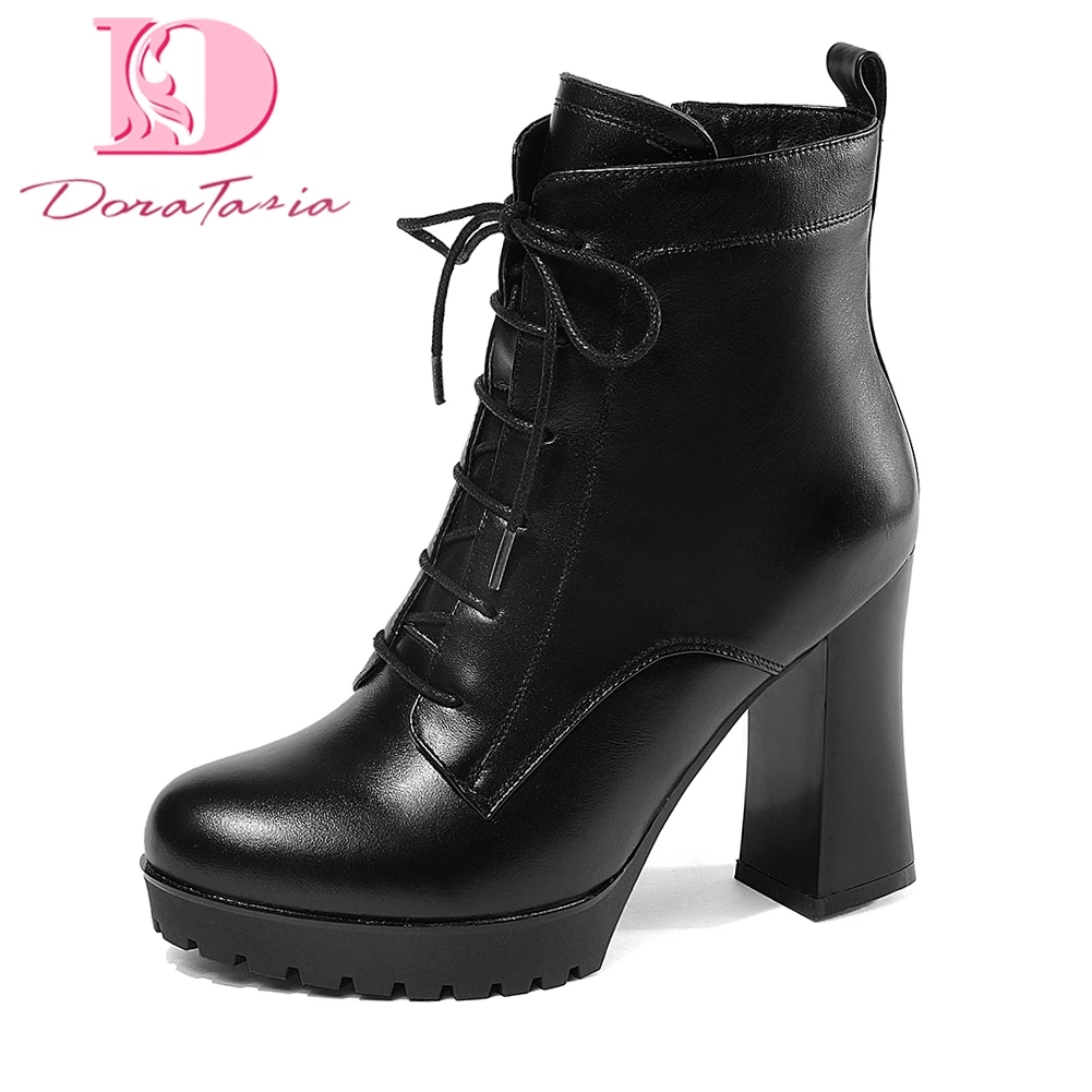 

Doratasia plus Size 33-43 Genuine Leather Zip Up Ankle Boots Woman Shoes Chunky high Heels Add Fur Winter Boots Shoes Women