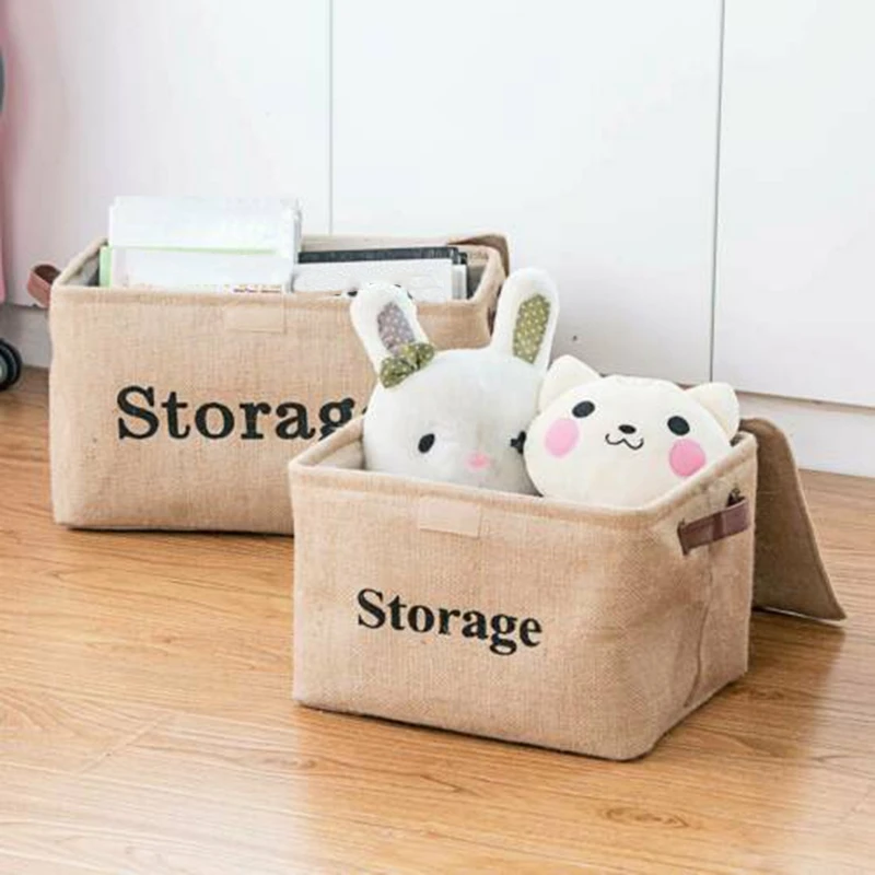 

Collapsible Jute Storage Bin Leather Handle Storage Organizer Basket Storage Box With Lid