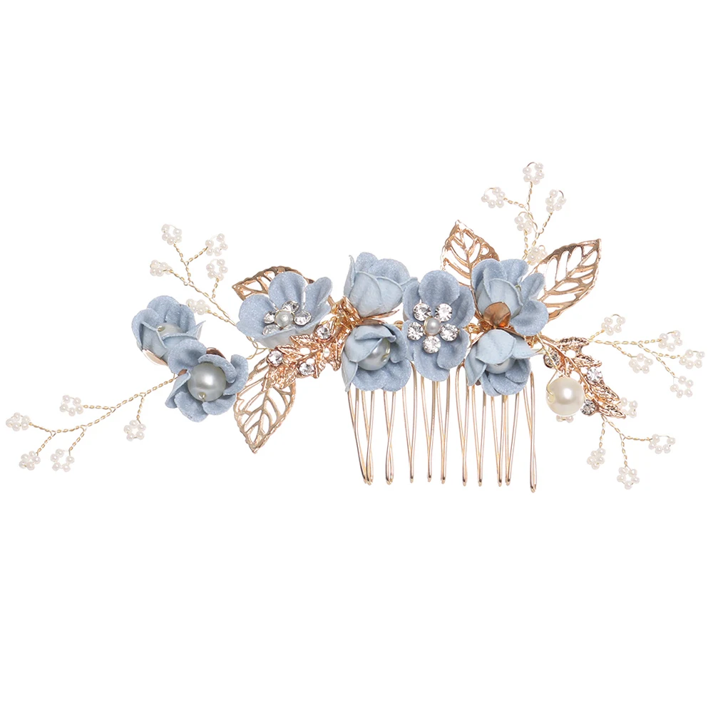 Luxury Blue Flower Hair Combs Headdress Prom Bridal Wedding Hair Accessories Gold Leaves Hair Jewelry Hair Pins - Окраска металла: blue4