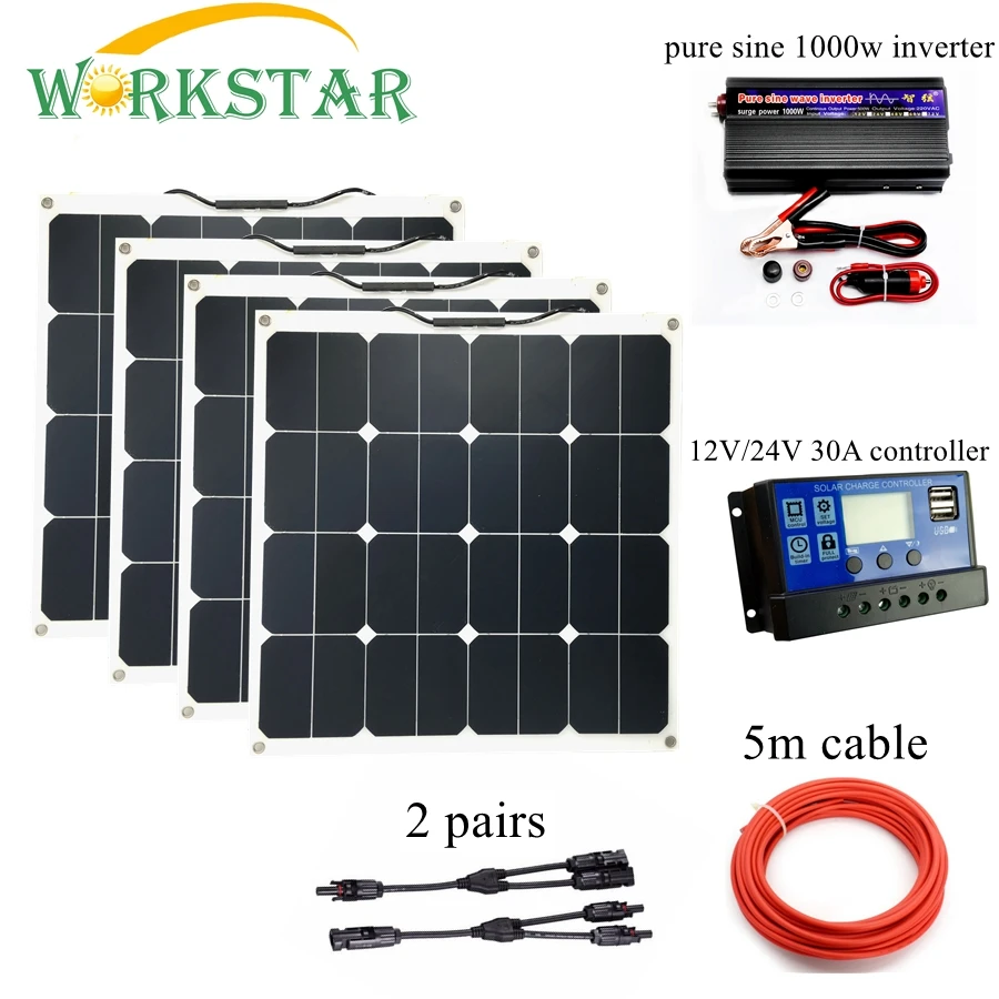 

4pcs 50w Flexible Solar Panels with 1000w Pure Sine Inverter and 30A Controller Cables Off Grid 200W Solar System for Beginner