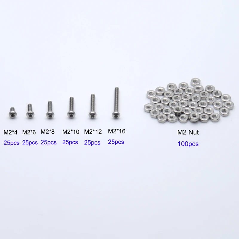 250pc/set Assortment Kit Set A2 Stainless Steel Hex Socket Screw Bolt Nut M2 Cap/Button/Flat Head Assortment Kit
