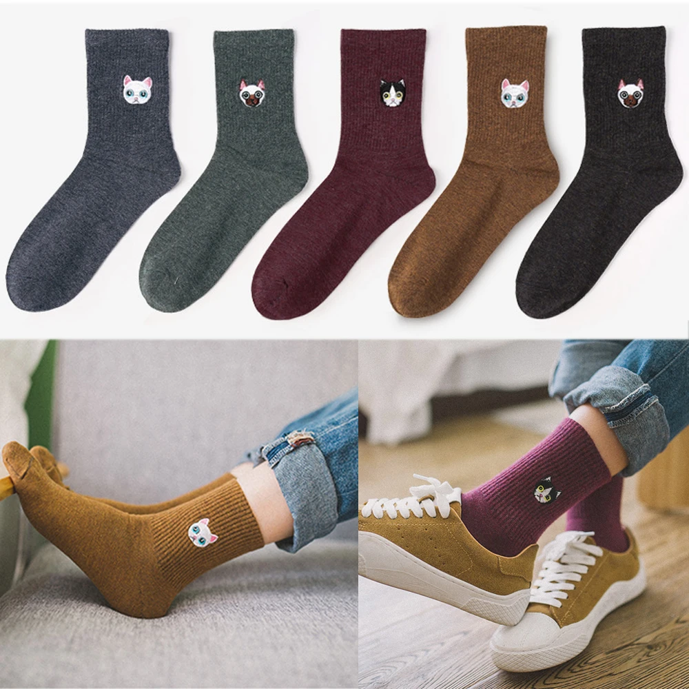 Cute Unisex Cartoon Dog cat Embroidery animal Socks Japanese Harajuku