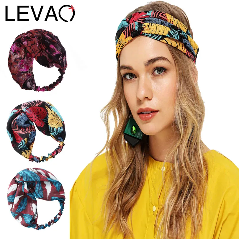 

LEVAO Women Spring Autumn Leaf Print Headband Vintage Cross Knot Elastic Hair Bands Soft Solid Girls Hairband Hair Accessories