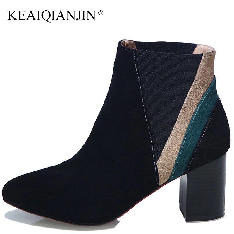 

KEAIQIANJIN Woman Genuine Leather Ankle Boots Black Apricot Chelsea Boots Autumn Winter Plus Size Genuine Leather Heels Shoes