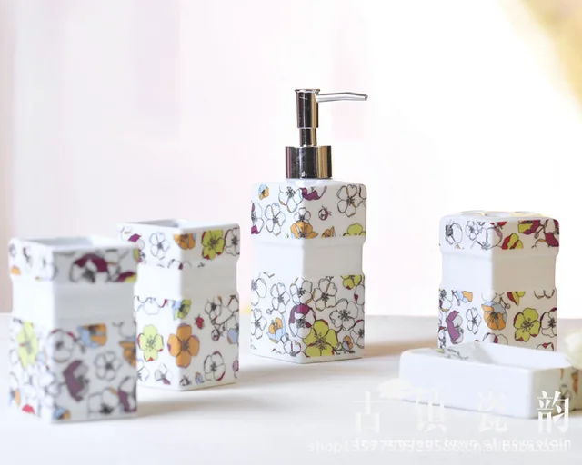 Five Piece Cherry Blossoms Ceramic Bathroom Set Toothbrush Holder Five Piece Cherry Blossoms Ceramic Bathroom Set Toothbrush Holder Soap Dispenser Tooth Mug Toiletries