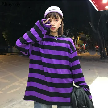 

Hoodies Women Retro Trendy Striped All-match Korean Style Ladies Harajuku Soft Clothing Casual Hoodie Students Long O-Neck Daily