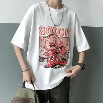 

2019 Summer Men's New Pattern Cartoon Printing Round Neck T Shirts Short Sleeve Loose Clothes White/black/khaki Color T-shirts