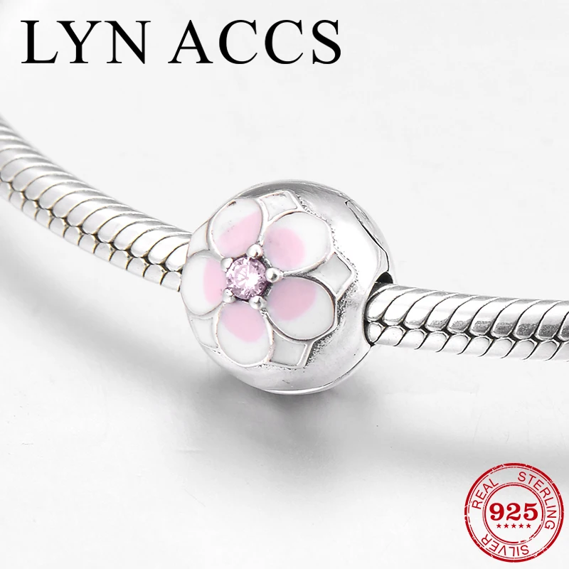 

Pink white enamel Magnolia 925 Sterling Silver fine Charm clips Lock beads Fit Original Pandora Charm Bracelet Jewelry making