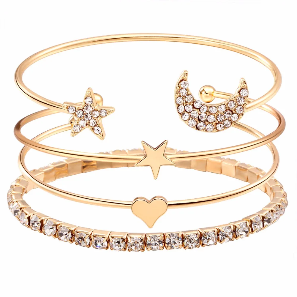 

4pc/set Fashion Multiple Layers Charm Bracelet For Women moon star heart Crystal Rose Gold Color Bracelet Bangle Femme Jewelry