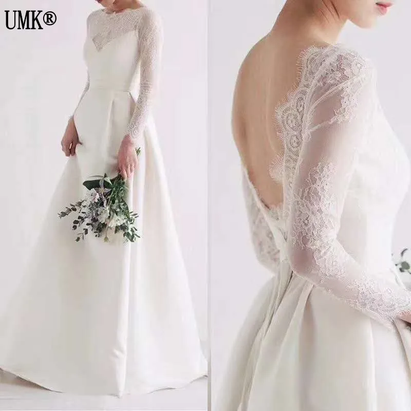 

Vestido De Noiva 2019 Sexy Backless Lace Long Sleeve Wedding Dress Simple A-Line Floor Length Muslim Bridal Gowns