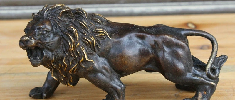 

7" Folk China FengShui Copper Bronze Ferocious Animal Fu Foo Dog Lion Leo Statue