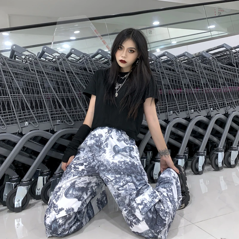 Neploe High Waist Straight Trousers Harajuku BF Style Hip-hop Leisure Pants New Women Men Digital Printed Long Pants 53634