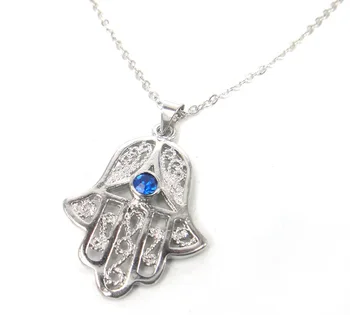 

New arrival free Shipping fashion blue crystal hamsa hand pendant religious women necklace