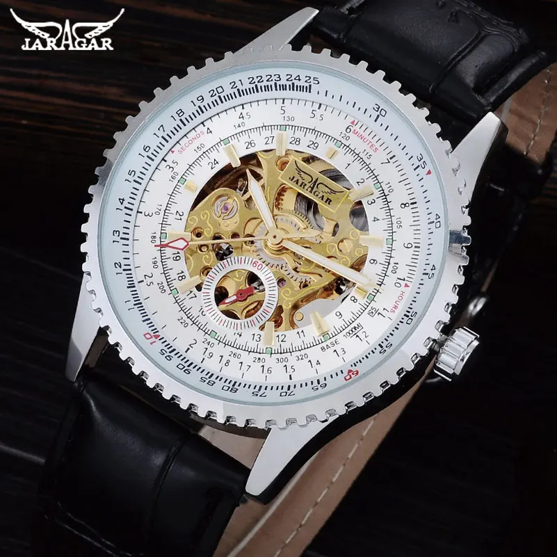 

JARAGAR Men's Watch Luxury Brand Fashion Glass Mechanical Skeleton Watches Leather Band Military Army Watch Relogio Masculino