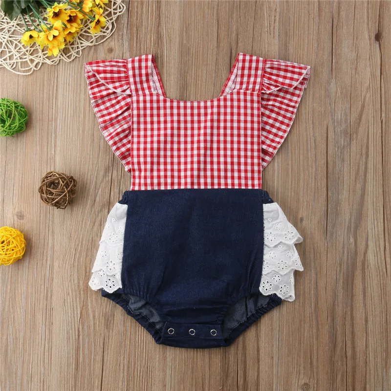 Plaid Newborn Baby Girls Lace Denim Bodysuit  Jumpsuit Sun Suit Clothes UK Cute Sleeveless Plaid Clothes