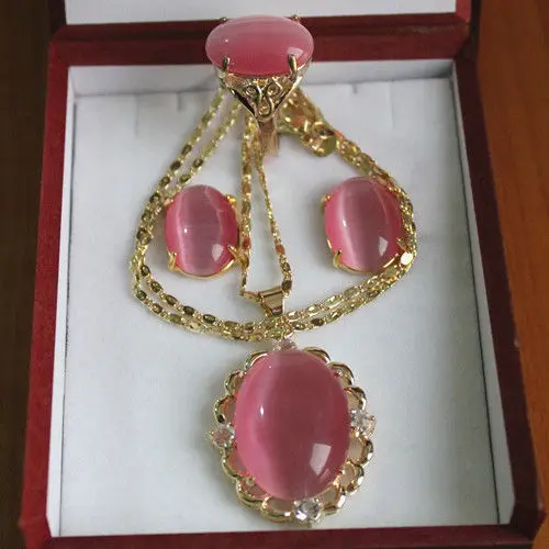 

hot sell new - noblest 18kgp Inlay pink jade Necklace Earring Ring set