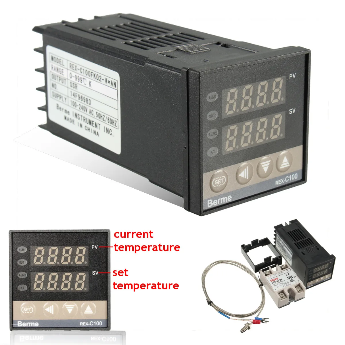 K Thermocouple Sensor Digital PID Temperature Controller 100-240VAC 40A SSR 
