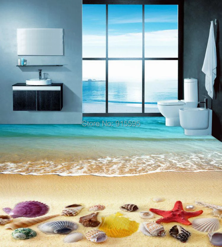 Пользовательские 3D пол обои Спальня пляж снаряды Starfish Гостиная Ванная комната 3D пол живопись самоклеющиеся Водонепроницаемый